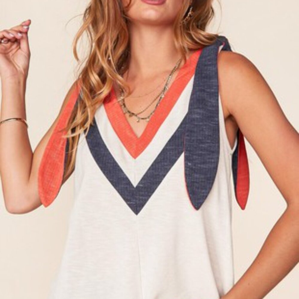 French terry color block tied shoulder top